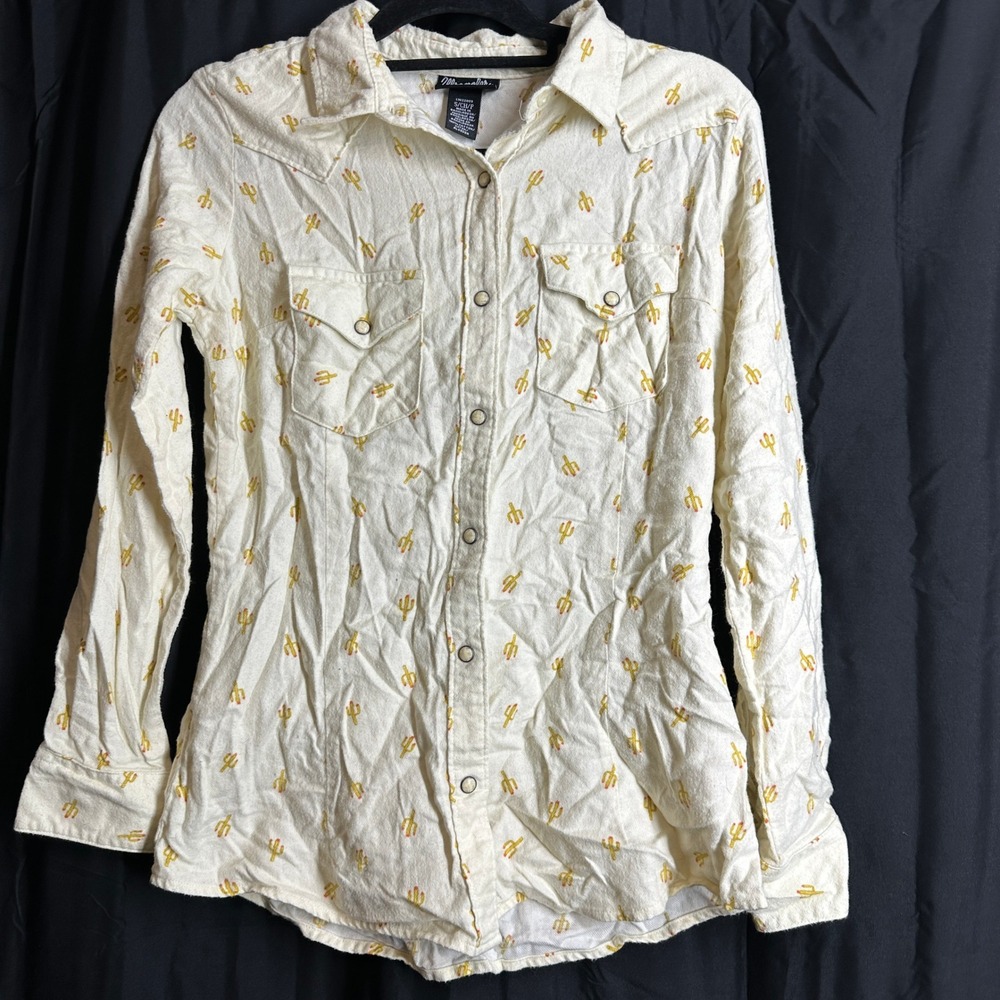 Wrangler Retro Womens Cactus Print Western Pearl Snap Shirt Cream Small